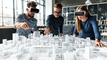 Three individuals use virtual reality headsets to interact with a detailed architectural model, showcasing innovation in design and technology.