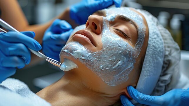A professional clinic environment showcasing a patient receiving a chemical peel, emphasizing exfoliating and renewing effects.