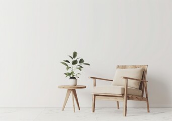 A minimalist living room with a white armchair, a wooden side table, a plant, and a vase with dried branches on a white wall background
