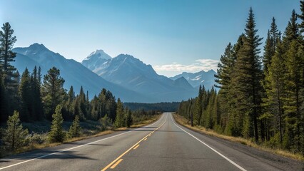 Empty stretch of asphalt road running parallel to a mountain range with a clear blue sky above and pine trees in the foreground, road to nowhere, mountain view, vast open space, natural landscape