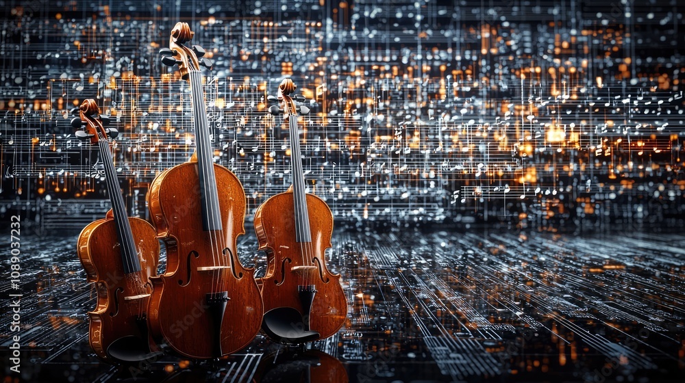 Poster a visually striking image of violins set against an abstract, digital backdrop filled with glowing d
