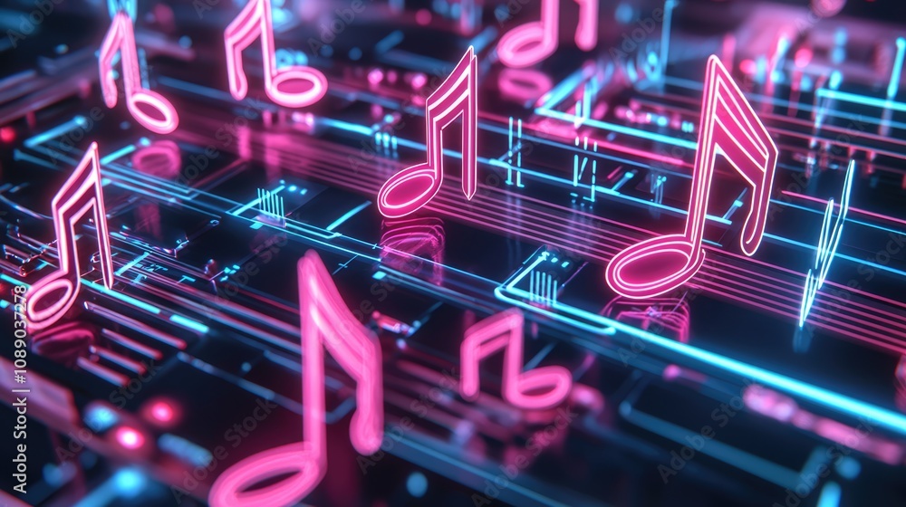Aufkleber a vibrant digital background featuring neon music notes intertwined with circuit patterns, represent