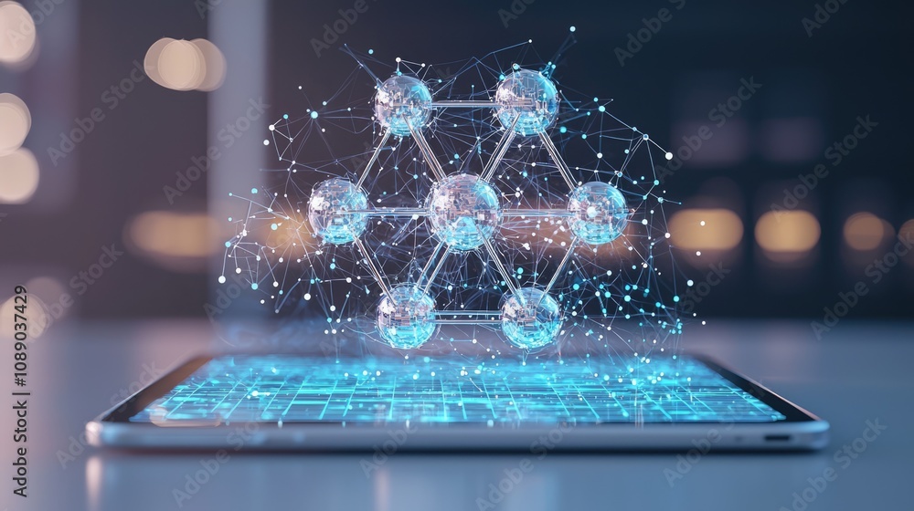 Poster a digital tablet displays a futuristic network of glowing nodes, symbolizing advanced technology and