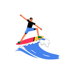 Fototapeta premium Male Surfer Riding A Wave On Surfboard, Flat Vector Illustration Symbolizing Surfing, Adventure, And Ocean Lifestyle, Isolated On White Background