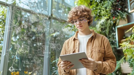 A young person studies a digital tablet surrounded by lush greenery, with mathematical equations displayed in the air, symbolizing a blend of nature and technology.