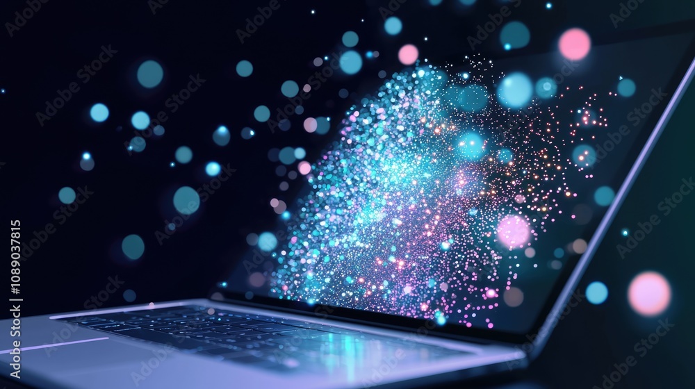 Aufkleber a glowing laptop screen emits vibrant particles, creating a digital atmosphere filled with colorful 