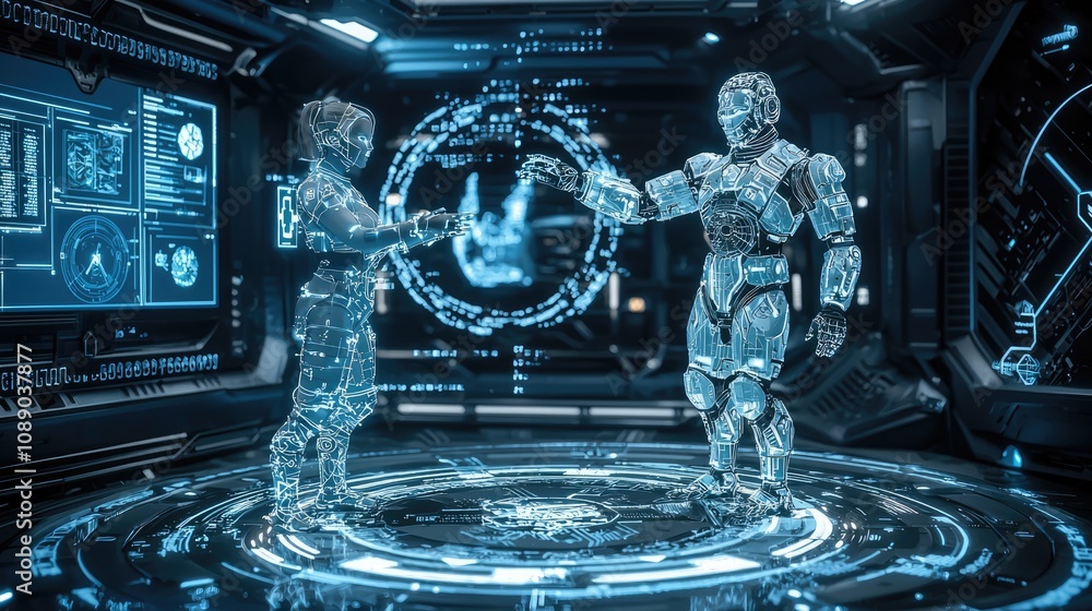 Poster a futuristic scene featuring a human and a robot interacting in a high-tech environment with digital
