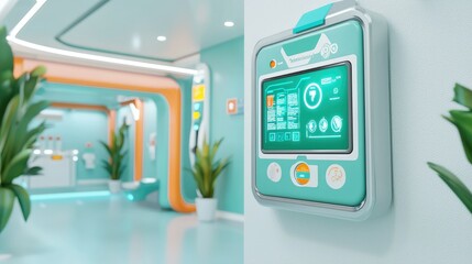 A modern, digital interface mounted on a wall in a brightly colored, futuristic hallway with plants and sleek design elements.
