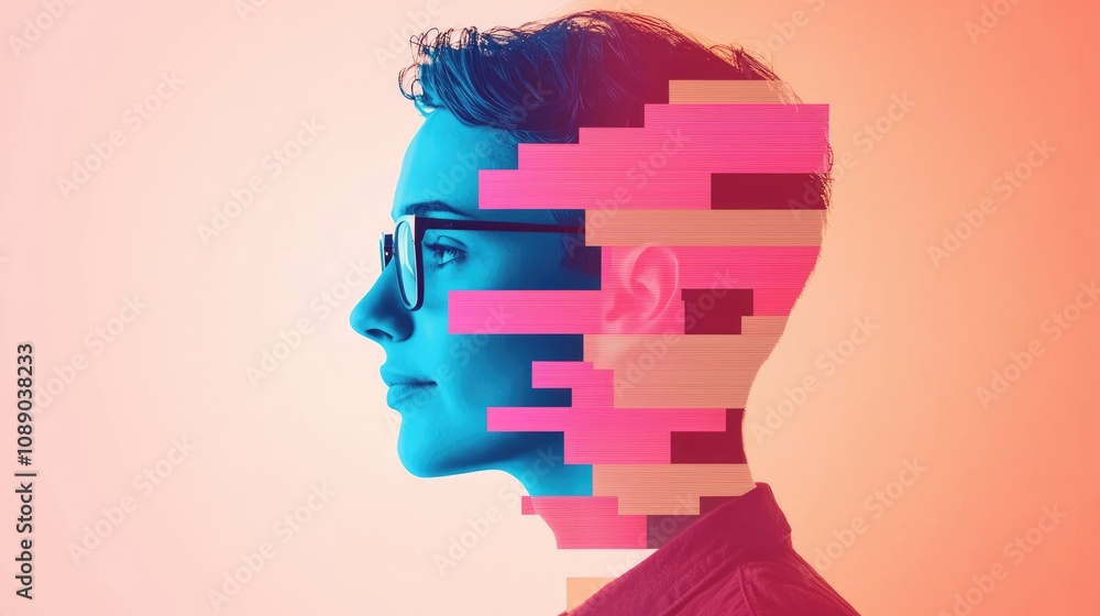 Poster a colorful, abstract profile of a person with digital patterns, blending human features with vibrant
