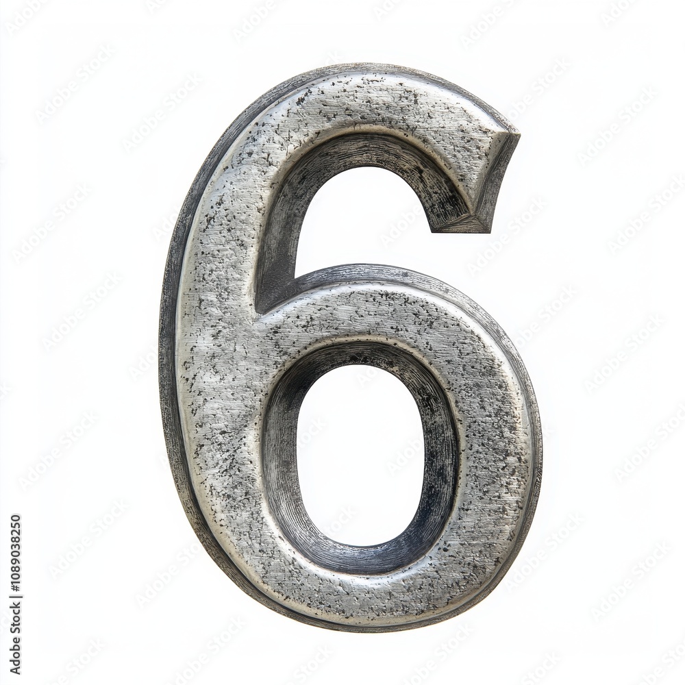 Poster a metallic number six, showcasing a textured surface and a three-dimensional design.
