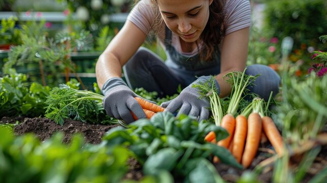 A woman working in a community garden, harvesting carrots. She is wearing gloves and is surrounded by a variety of plants and vegetables.