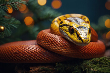Fototapeta premium Beautiful close up portrait of a red snake looking from a festive decorated Christmas Tree green fir branches. Chinese New Year 2025 illustration concept. 