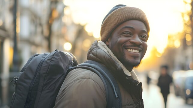 Smiling young Black man with backpack enjoying sunset in urban street setting, copy space - Powered by Adobe