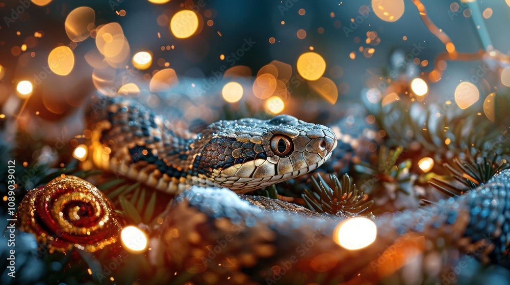 Poster a snake is coiled up on a christmas tree with ornaments and string lights.