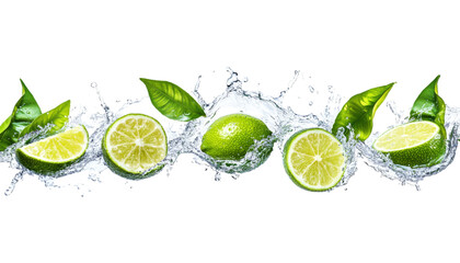Fresh Limes and Splashing Water with Green Leaves for Refreshing Citrus-Themed Stock Photography