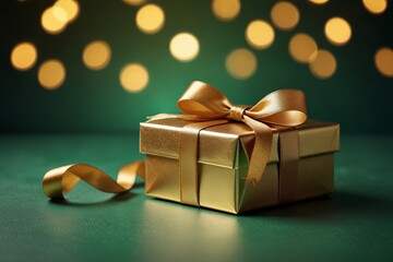 Golden gift box with ribbon on glowing festive background.