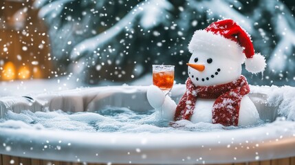 Playful snowman in santa hat enjoying a cocktail in a hot tub surrounded by falling snow