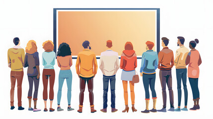 group of people standing in front of a tv screen, engrossed in a tech presentation at a bustling conference hall with a white accent, vintage, png