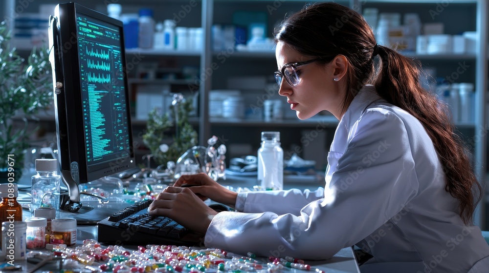 Poster a focused scientist analyzes data on a computer in a laboratory filled with colorful pills and bottl