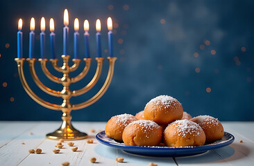 Festive Hanukkah celebration with menorah and sufganiyot on a blue background