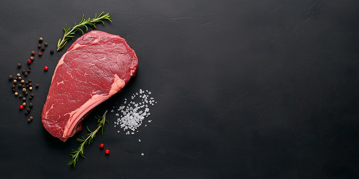  One raw beef steak on a black slate background. Fresh farm food organic market banner template. Red meat piece healthy dinner meal. Close up top view flat lay photo