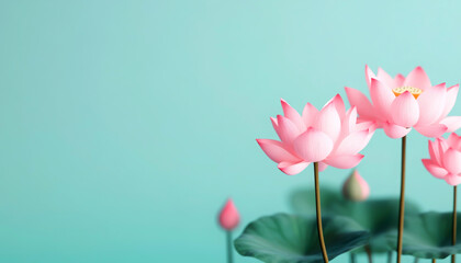 Fototapeta premium Delicate pink lotus flowers against a serene blue background.