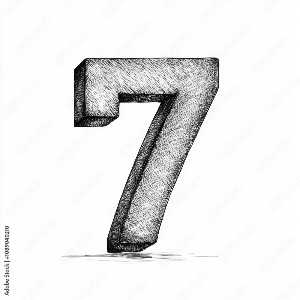 Poster a three-dimensional drawing of the number 7 in a shaded, artistic style.