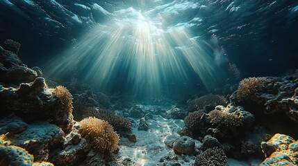 Sunbeams Illuminate Vibrant Underwater Coral Reef Seascape