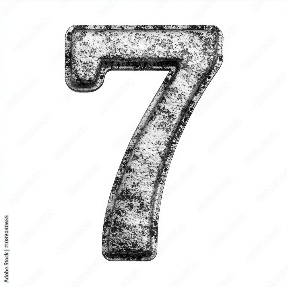 Poster a metallic number 7 with a worn texture on a white background, indicating a numerical value.