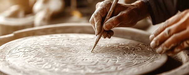 Artisan Engraving Intricate Designs on Ceramic Surface with Precision and Skill