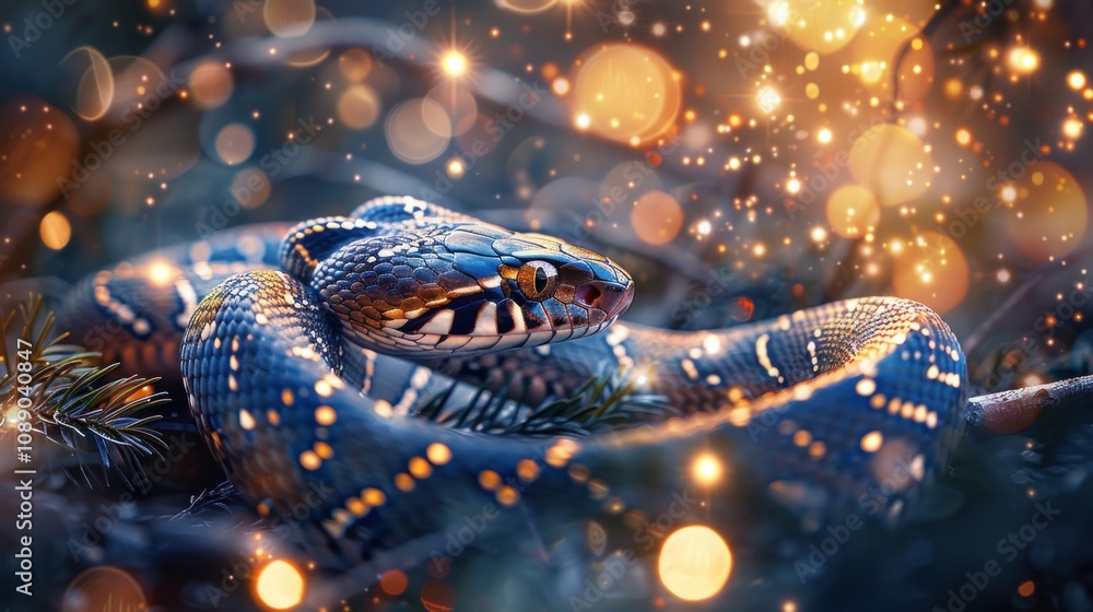 Aufkleber a black and blue snake with yellow eyes is coiled on a branch with a bokeh of light in the backgroun
