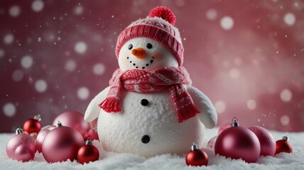 An adorable snowman wearing a pink knit hat and scarf stands amidst shimmering pink decorations, surrounded by soft white snowflakes, capturing the essence of the winter holidays