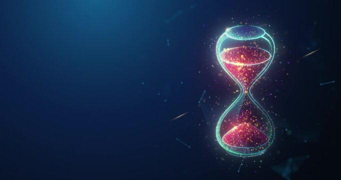 Abstract animated antique hourglass made of glowing neon particles. Business time management concept. Sand glass watches 4K looped motion graphic on blue background