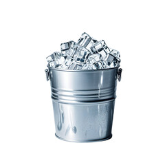 Metal bucket filled with clear ice cubes on transparent background