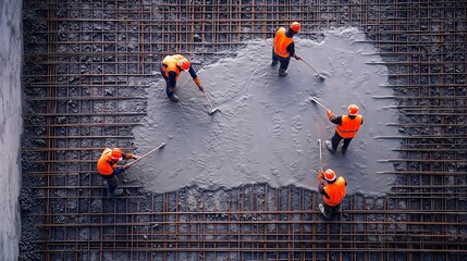 Construction workers leveling concrete on building site © utaem2022