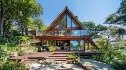 Naklejka premium Wooden A-frame house with panoramic glass walls, on a hilltop