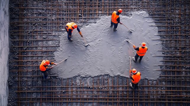Construction workers leveling concrete on building site