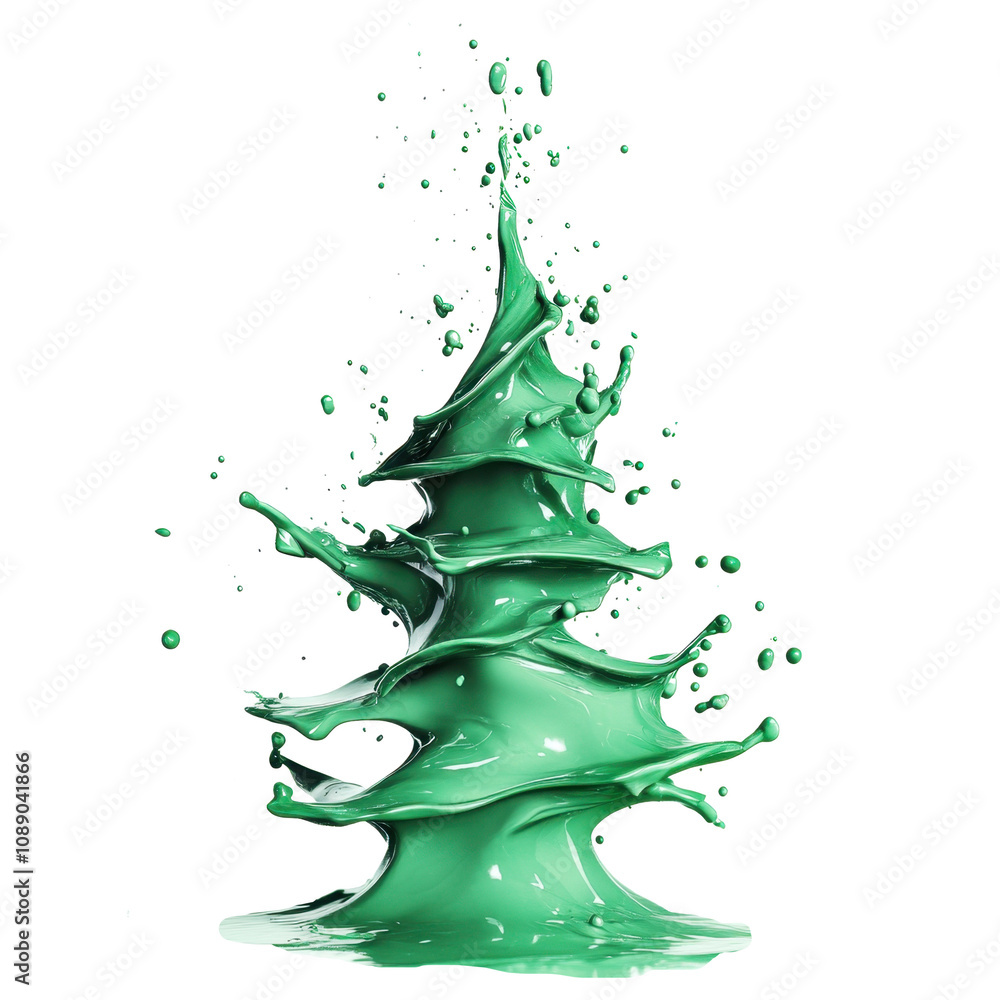 Poster 3d icon green paint splashing and forming a christmas tree shape with transparent background