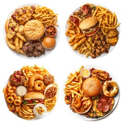 Delicious assortment of fast food featuring burgers, fries, and crispy chicken on white plates.