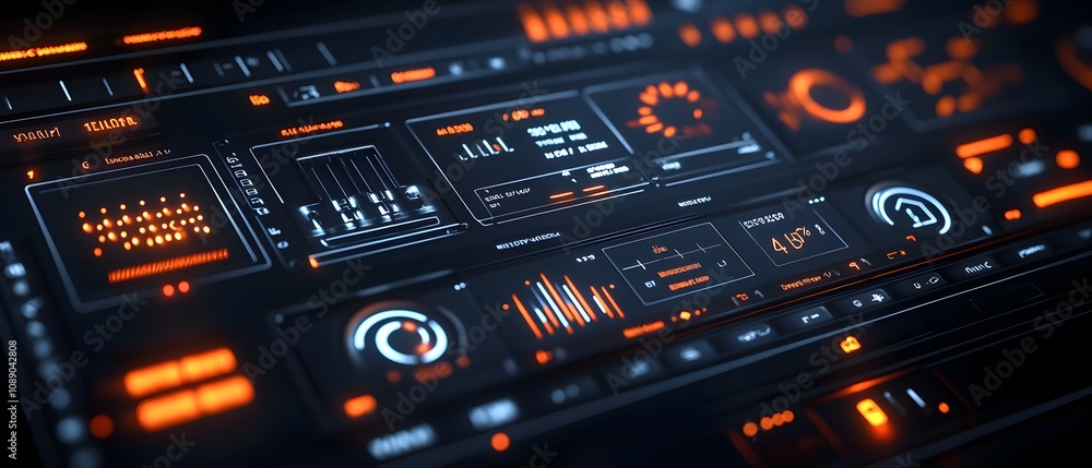 Poster futuristic control panel with glowing interfaces and data displays.