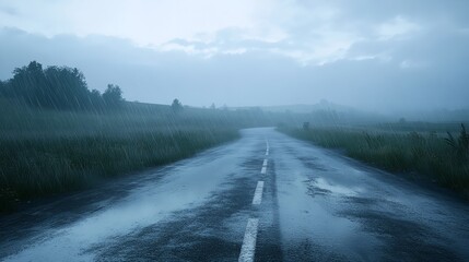 Foggy rural road at dawn during a rainstorm with mist and soft light filtering through the trees