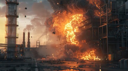 Fire and smoke rising from industrial refinery plant explosion at sunset