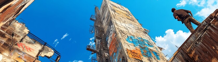 Man stands on building edge, overlooking colorful, towering urban structure against a vibrant blue sky. Architectural contrast and urban exploration theme.