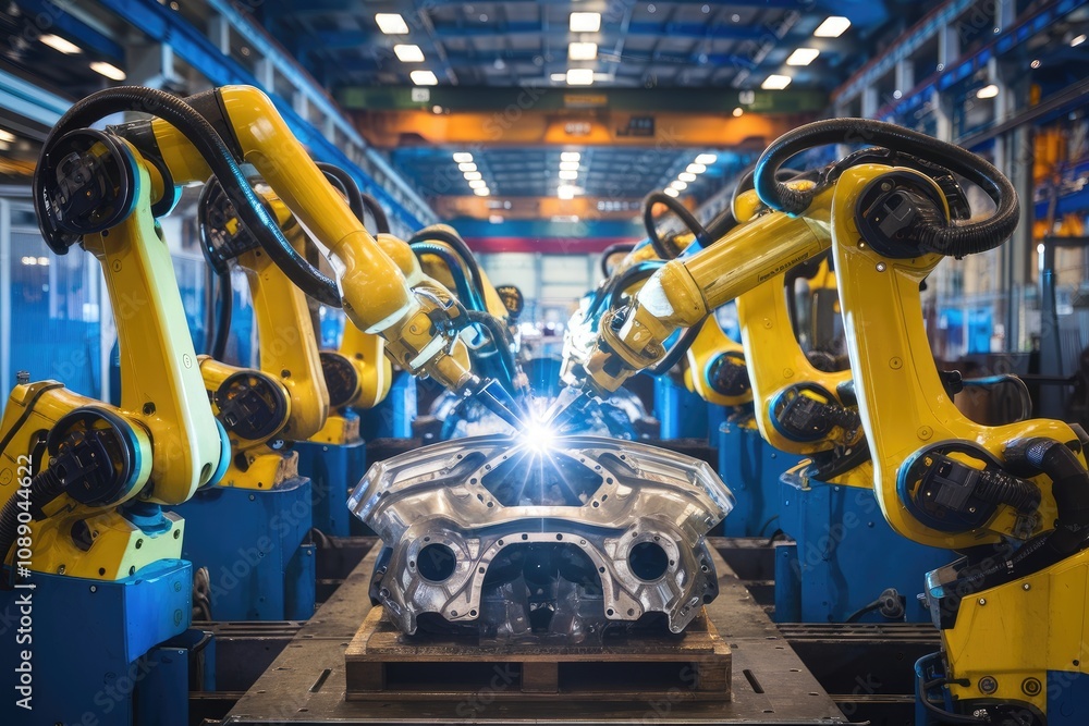 Aufkleber robotic arms performing spot welding on car part in factory
