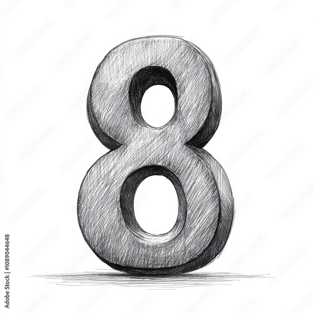 Poster a three-dimensional sketch of the number 8 in a textured, shaded style.