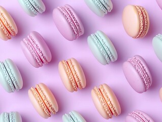 Obraz premium Mini 3D Macarons in Pastel Shades on Soft Lavender Background with Glowing Highlights