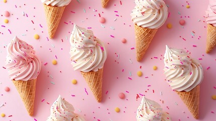 Vibrant 3D Ice Cream Cones Scattered Across a Light Pink Background with Glowing Details