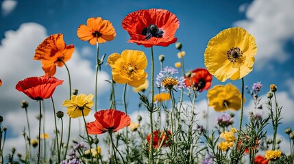 Obraz premium A peaceful meadow bursting with wildflowers of every hue, basking under a bright blue sky with puffy clouds.