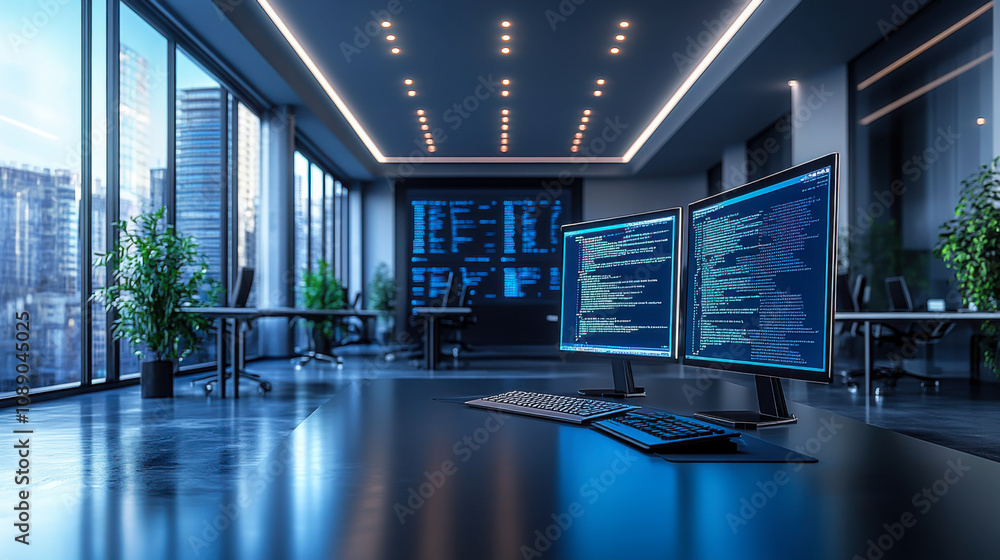 Poster a modern workspace with dual monitors displaying programming code in a dimly lit office environment