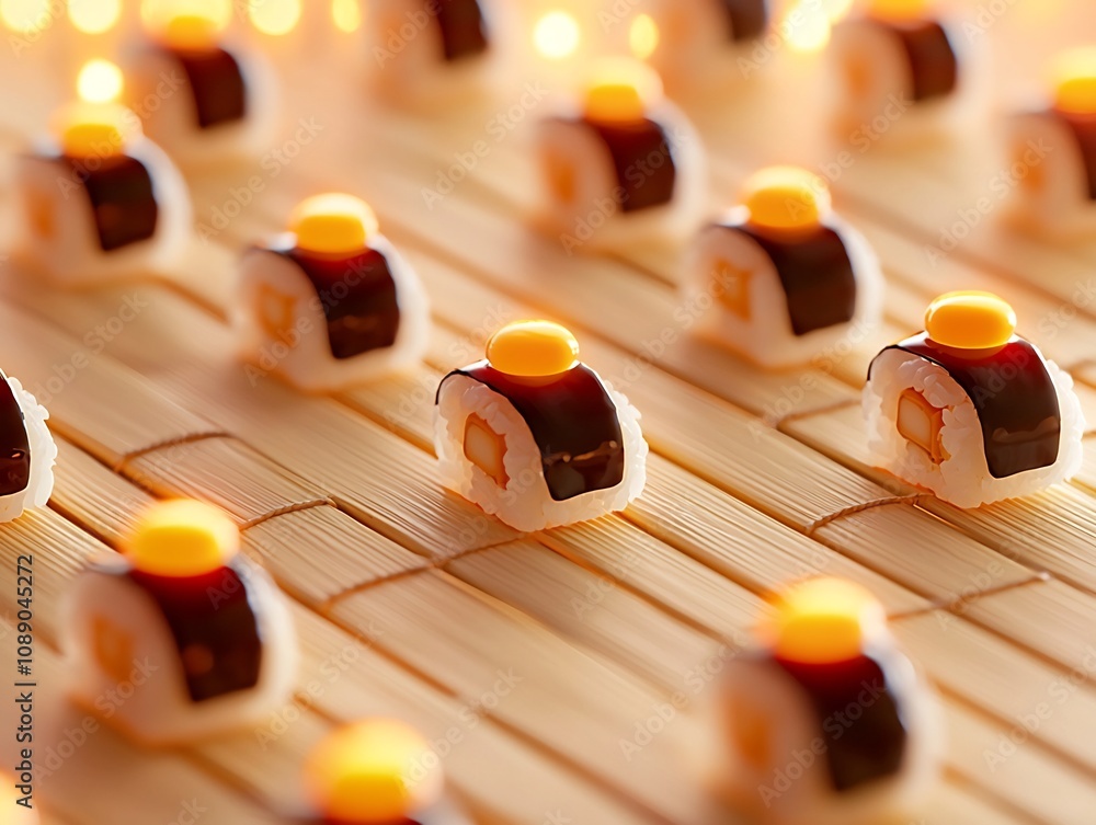 Poster mesmerizing 3d sushi nigiri pattern with glowing soy sauce drops on subtle bamboo backdrop
